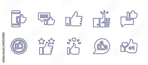 Like line icon set. Editable stroke. Vector illustration. Containing smartphone, like, thumbs up, feedback, badge, review, thumb up.