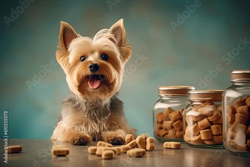 Yorkshire terrier puppy with probiotic treats created by generative AI © skostep