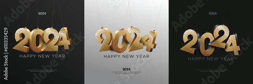 Happy new year 2024 square template with gold 3D hanging number. 2024 new year celebration