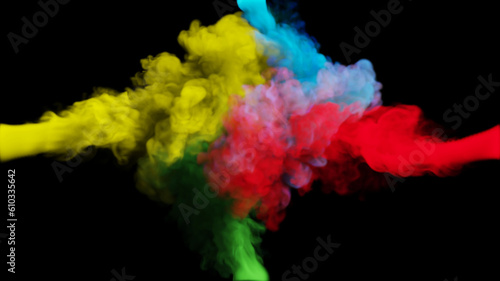 Clubs of multi-colored smoke collide from four sides on a black background. 3d illustration.