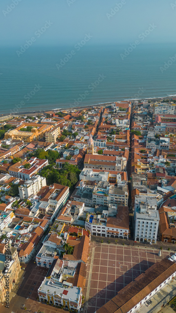 Aerial photography of the city of Cartagena de Indias. Colonial city in Colombia. Caribbean. Vacation trip.