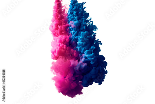 Splash of blue and pink paint in water over white background
