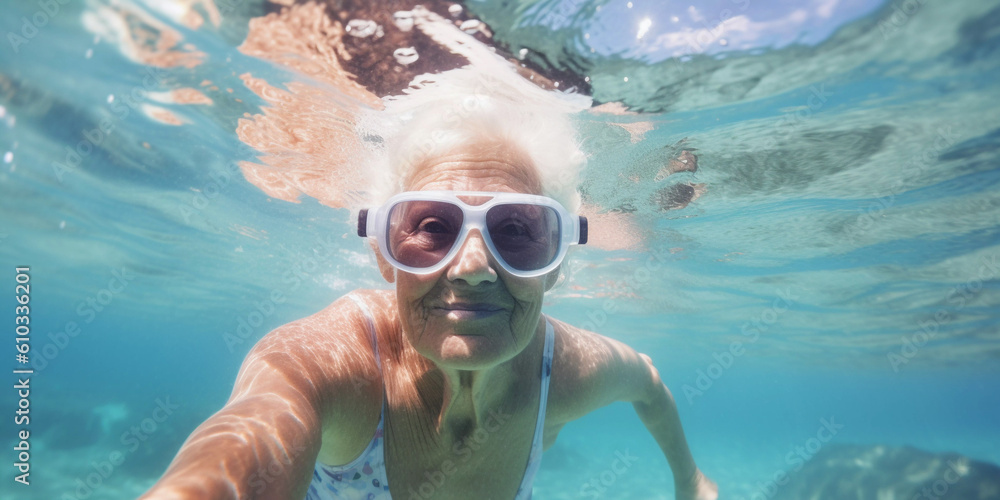 Naklejka premium Senior elderly woman swimming in the ocean on snorkel holiday vacation, Close up portrait, Generative AI