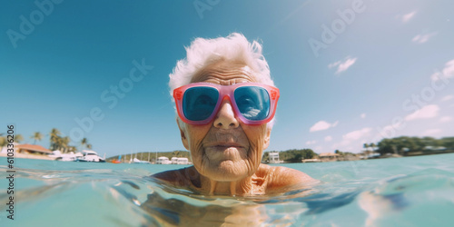 Senior elderly woman wearing pink sunglasses and swimming in the ocean on snorkel holiday vacation, Close up portrait, Generative AI