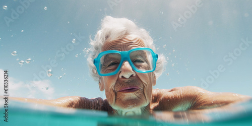 Senior elderly woman swimming in the ocean on snorkel holiday vacation, Close up portrait, Generative AI © Elena