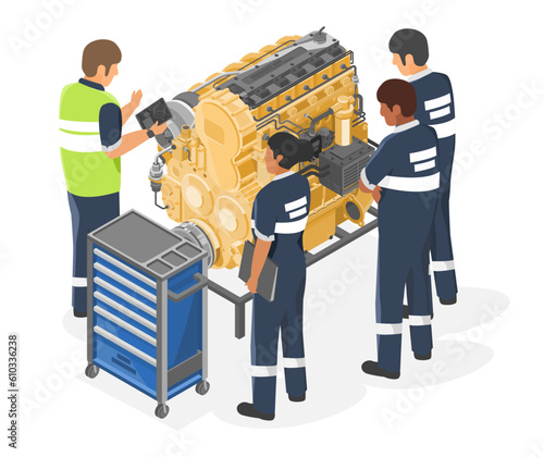 Engineer training worker about engineering of big heavy duty engine to technicians checking service and maintenance isometric isolated cartoon vector