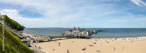 Hochufer und Blick auf die Ostsee, den Strand und die Seebrücke von Sellin - LNG Schiffe in der Bucht vor Mukran photo