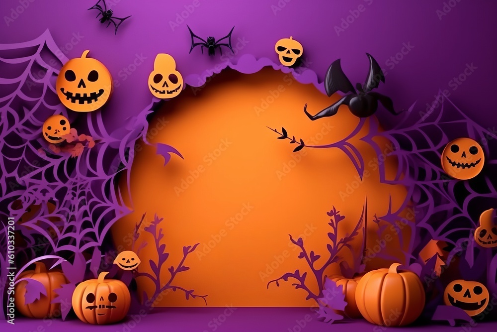 Invitation card for an Halloween party and a background in the style of a paper cut. Halloween Festivals Concepts. Generative Ai.