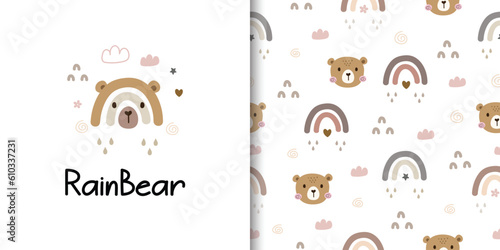 Set of seamless patterns with cute bear and rainbow. Designs for fabric, textiles, wrapping and wallpaper. Vector illustration © LindaAyu