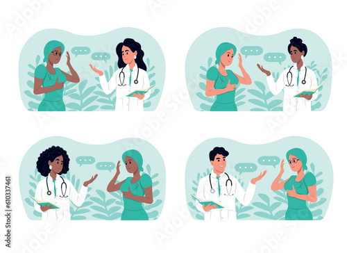 Male and female doctors talking to a cancer patient woman in a scarf. National Cancer survivors day. Cancer Survivors Day. Breast Cancer Awareness Month. Ovarian Cancer Awareness Month