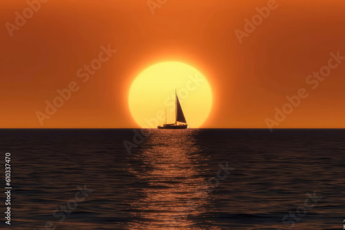 A sailboat at sunrise on the sea. photo