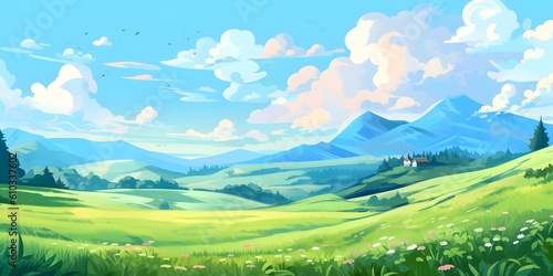 Summer fields  hills landscape  green grass  blue sky with clouds  flat style cartoon painting illustration. Generative AI.