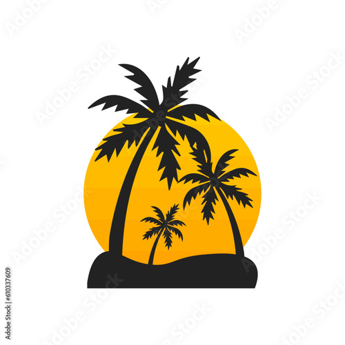 sunsets, beach and palm tree. style 80s, and 90s. Abstract background with a sunny gradient. Silhouettes of palm trees. Vector design template for logo, badges. Isolated white background.
