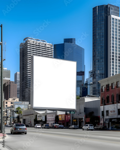 Blank space billboard in a beautiful modern city with blue sky - Template design theme - Generative AI