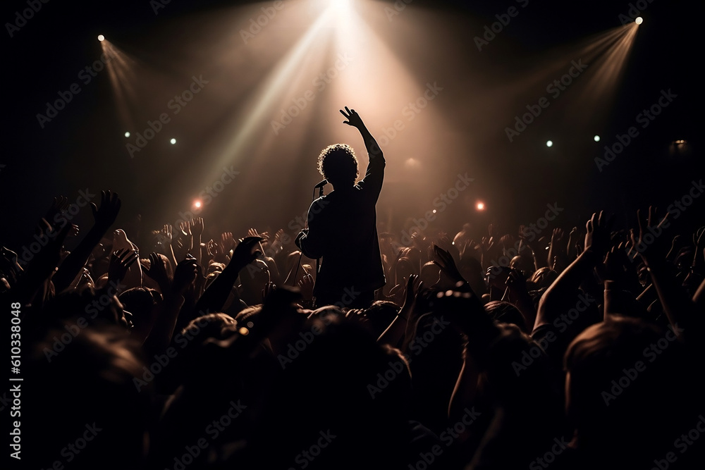 An excited crowd of people at live event, concert or party having fun on music festival at night. Audience watching popular singer performing on stage in nice bar atmosphere. Generative AI Technology.