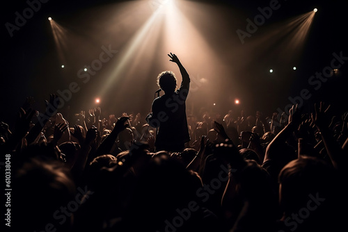 An excited crowd of people at live event, concert or party having fun on music festival at night. Audience watching popular singer performing on stage in nice bar atmosphere. Generative AI Technology.