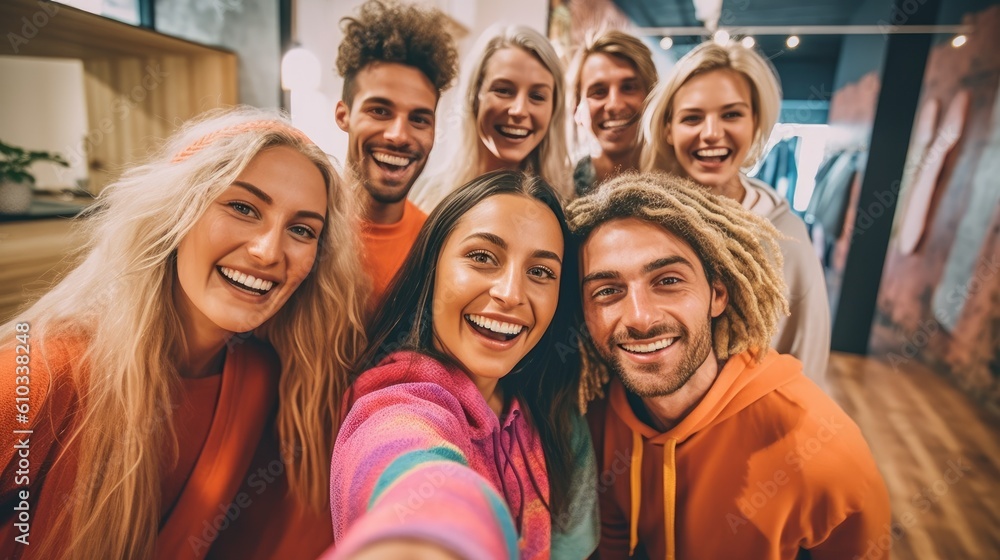 Group of happy people taking a selfie together in a yoga studio. Generative AI