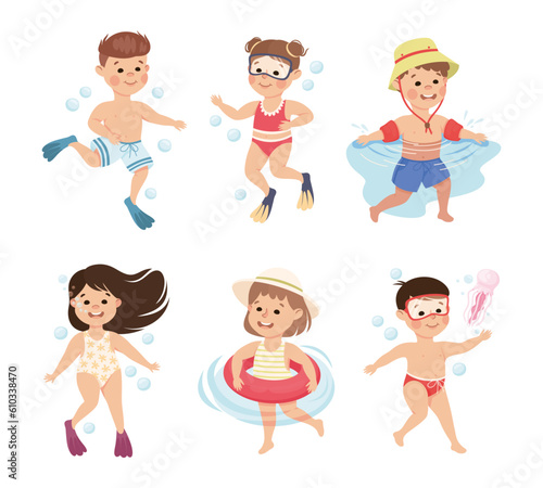 Little Children Swimming with Rubber Ring in Water Vector Set