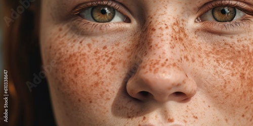 Close up portrait of a beautiful girl with freckles. Problem skin face, freckle on face. Celebration of Self
