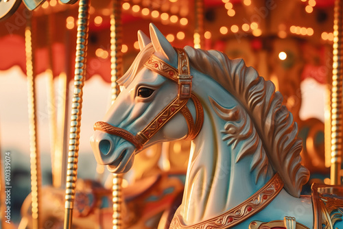 Close up of a traditional carousel at a fair or amusement park pastel colores created with AI generative tools