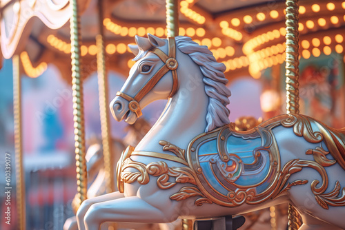 Close up of a traditional carousel at a fair or amusement park pastel colores created with AI generative tools