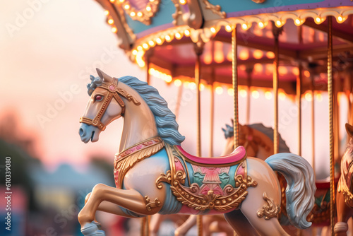 Close up of a traditional carousel at a fair or amusement park pastel colores created with AI generative tools