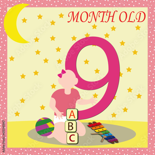 Baby month card, milestone baby card, cute baby, nine month old, baby girl