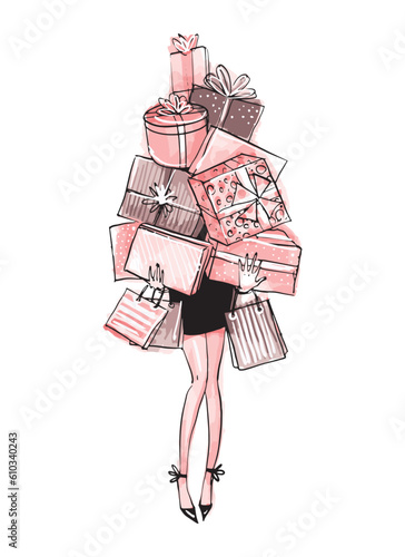 Young Woman carrying a bunch of gifts and carry bags, stylish fashion sketch, christmas illustration, birthday, holiday. Pile of boxes with bows and sexy female legs. Vector.