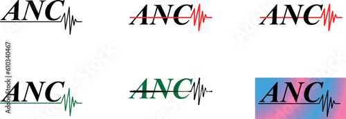 Noise reduction. The noise cancelling system icon. Anc. Black letters and a line in black, red, and green. Gradient of gray and pink colors. Vector illustration.