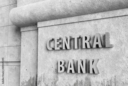 Shiny silver signage of central bank on vintage concrete wall. Illustration of the concept of monetary policy and federal reserve