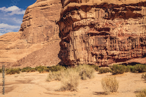 Orange hued rocks in Wadi Rum valley in Jordan photo