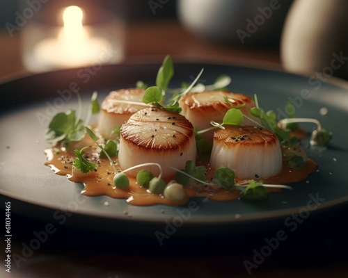 scallops plated elegantly with a creamy sauce drizzled artistically