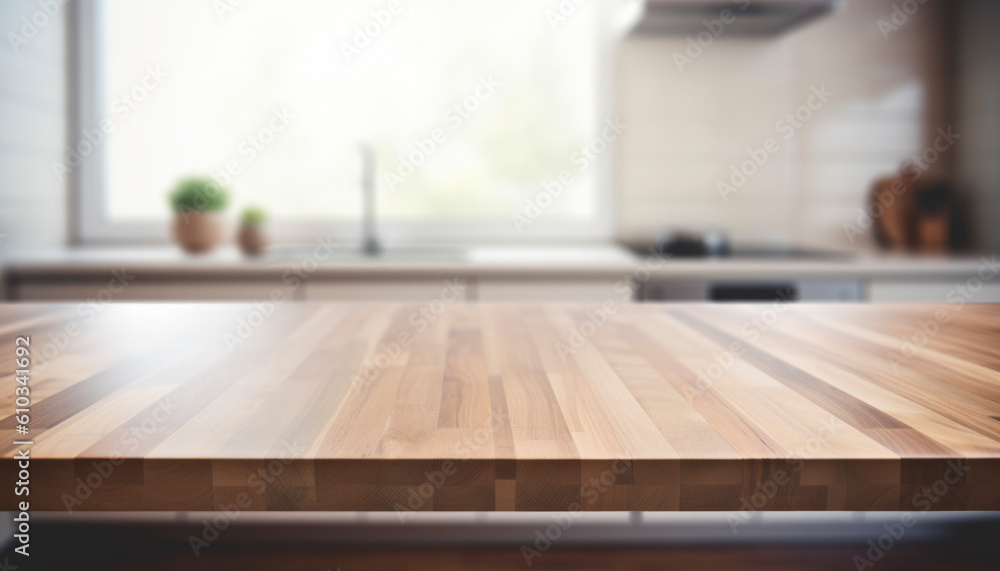 Beautiful empty brown wooden table top and blurred defocused modern kitchen interior background with day light flare, product montage display Beautiful empty brown wooden table top and blurred defocused modern kitchen interior background with day light flare, product montage display