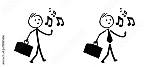 Cartoon walking, whistle, pipe, wander away symbol. Walk and singing sign. Happy to work, school or home. Stickman people to song. Stick figure man person. Dance time. to hop, skip on music sound. 