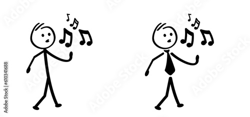 Cartoon walking, whistle, pipe, wander away symbol. Walk and singing sign. Happy to work, school or home. Stickman people to song. Stick figure man person. Dance time. to hop, skip on music sound. 