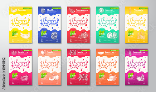 Citrus, Fruits and Berries Yogurt Label Templates Set. Abstract Vector Dairy Packaging Design Layouts Collection. Modern Banner with Hand Drawn Fruit Illustrations Backgrounds Bundle Isolated