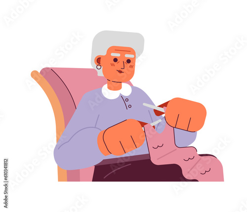 Scarf knitting granny semi flat colorful vector character. Grey hair cute grandma with knitting needles. Editable half body person on white. Simple cartoon spot illustration for web graphic design
