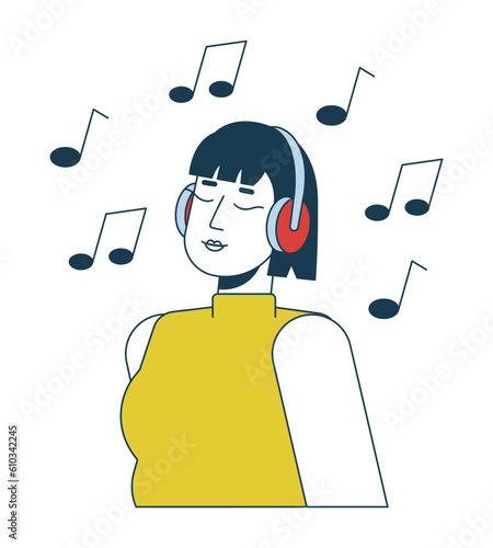 Asian girl enjoying music beats flat line vector spot illustration. Headphones young woman 2D cartoon outline character on white for web UI design. Melomaniac editable isolated colorful hero image