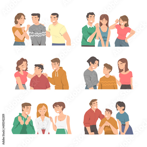 People Character Supporting Friend Encouraging Cheering Up and Raising His Spirits Vector Illustration Set