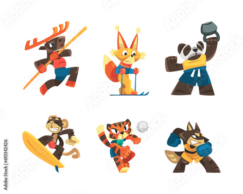 Funny Animal Character Playing Sport Game Vector Illustration Set