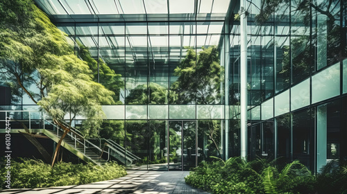 modern office building with green trees
