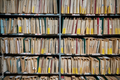 Medical records archive with dense collection of patient files and folders in hospital cabinet for healthcare administration and data privacy concepts
