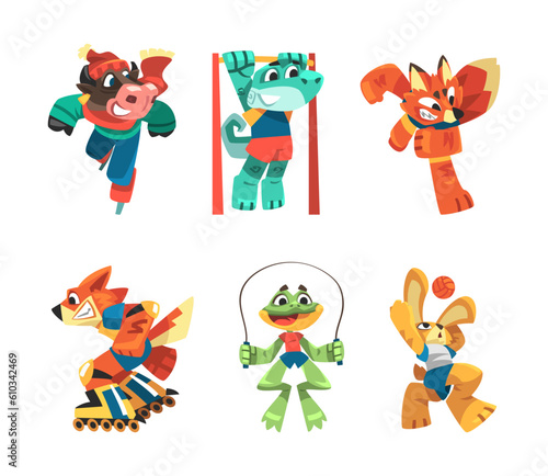 Funny Animal Character Playing Sport Game Vector Illustration Set