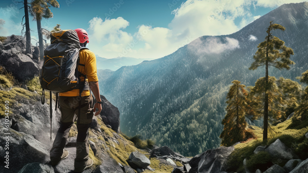 Picture of tourist man in helmet, Back View, climbing up mountain Picture of tourist man in helmet, Back View, climbing up mountain