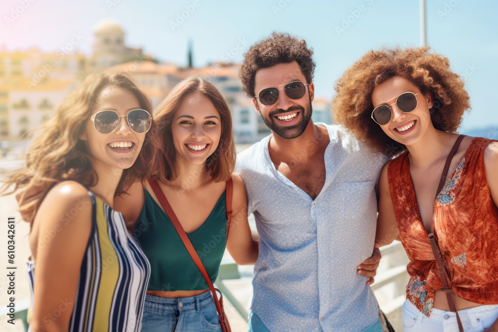 Happy group of friends taking selfies on their holiday. Concept summer holidays. Generative AI Happy group of friends taking selfies on their holiday. Concept summer holidays. Generative AI