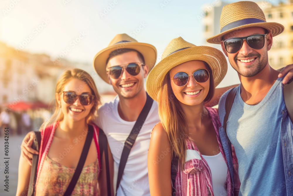 Happy group of friends taking selfies on their holiday. Concept summer holidays. Generative AI Happy group of friends taking selfies on their holiday. Concept summer holidays. Generative AI