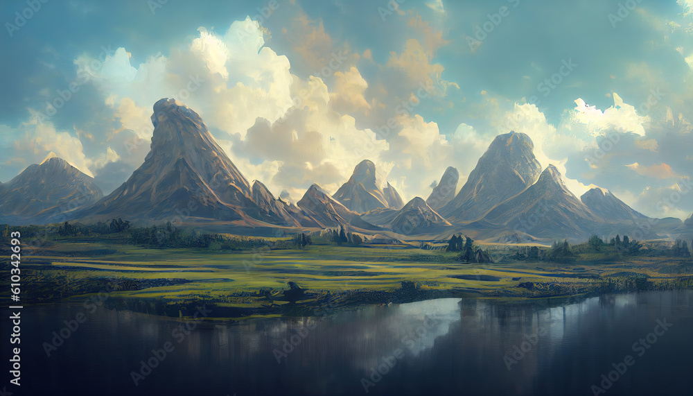 Calm lake in the mountains. Mountain landscape. Mountain Lake. Fairytale valley. AI-generated