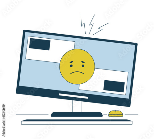 Computer problem flat line vector spot illustration. Sad emoticon on cracked display 2D cartoon outline object on white for web UI design. Broken equipment editable isolated colorful hero image