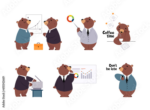 Bear Staff or Office Employee in Tie and Suit Vector Illustration Set