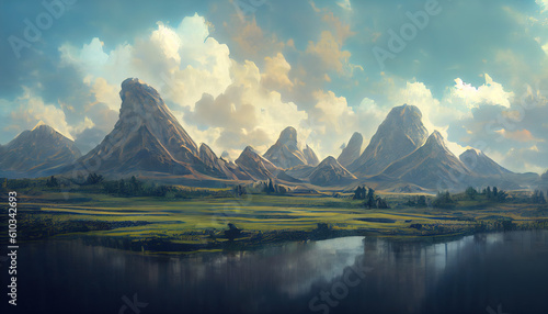 Calm lake in the mountains. Mountain landscape. Mountain Lake. Fairytale valley. AI-generated